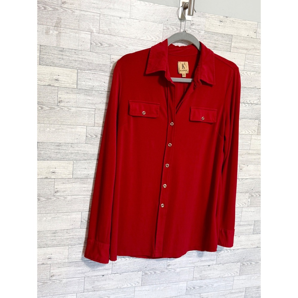 Kasper Womens Red Long Sleeve Button Down Shirt Size L Chest Pockets Stretch - Picture 4 of 8